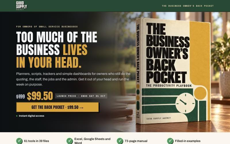 The Business Owner's Back Pocket sales page on a desktop screen