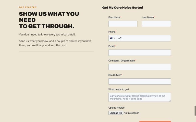 The quote request form on the core drilling page