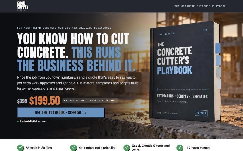 The Concrete Cutter's Playbook sales page on a desktop screen
