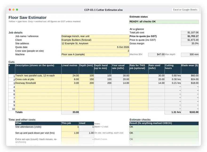 Floor saw estimator spreadsheet